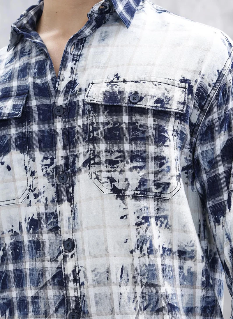 Wrogn Distressed Plaid Check Shirt With Pockets | Blue